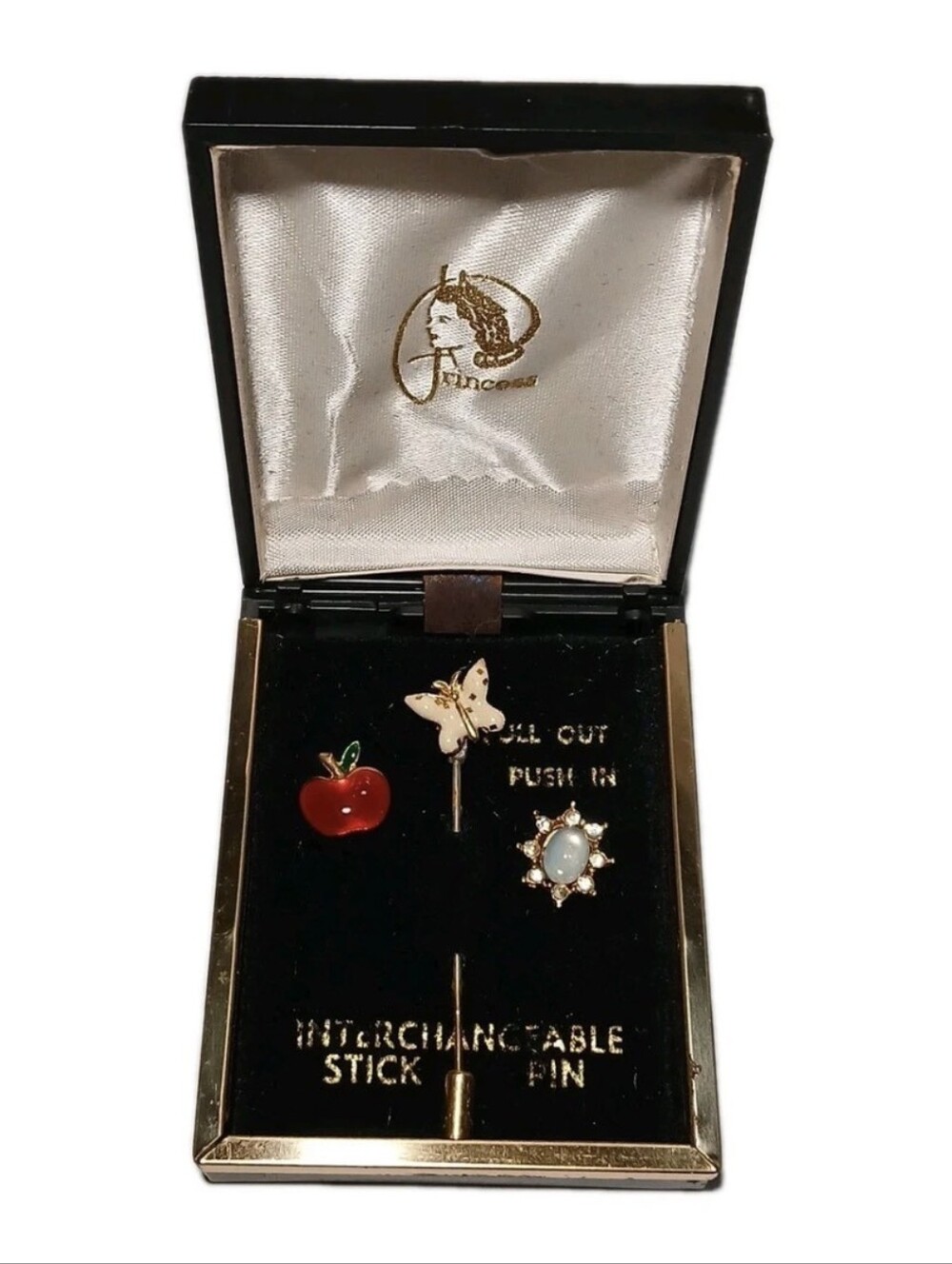 Vintage Princess Interchangeable Stick Pin Apple Butterfly Rhinestone New